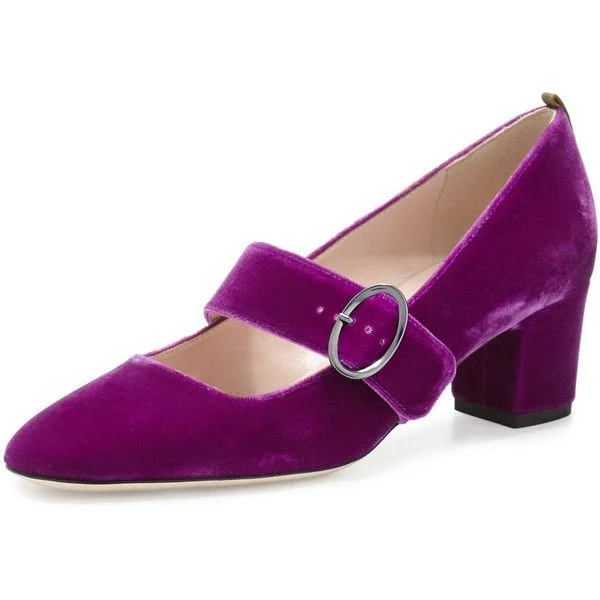 Purple Velvet Vintage Mary Jane Chunky Heel Pumps Vdcoo
