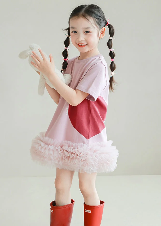 Pink Cozy Patchwork Cotton Girls Mid Dress O Neck Summer