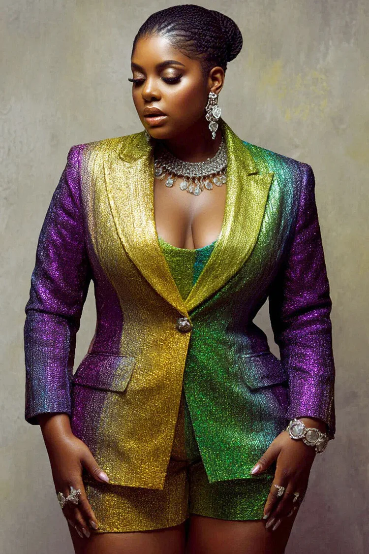 Xpluswear Design Plus Size Mardi Gras Multicolor Colorblock Lapel Collar Long Sleeve Casual Two Piece Short Sets 2024 - Xpluswear
