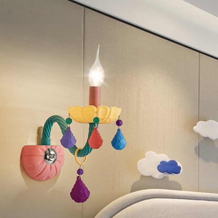 Cartoon Candle Wall Light Fixture Crystal 1/2-Bulb Bedside Wall Sconce in Pink with Droplet Deco