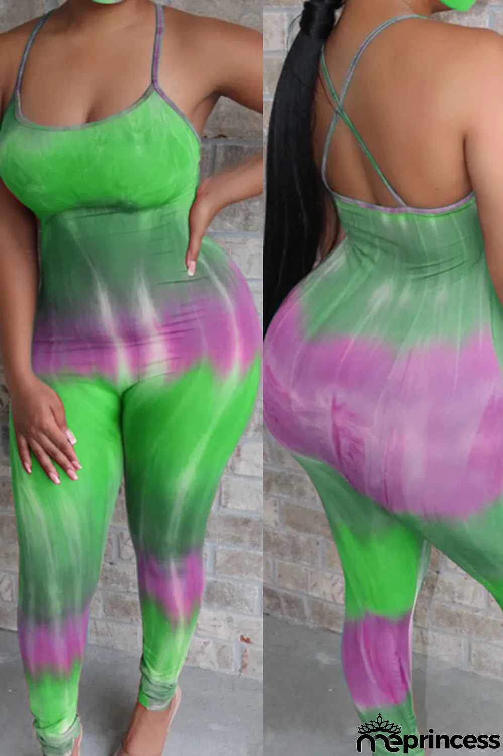 Blue Fashion Sexy Tie-dyed Sleeveless Slip Jumpsuits