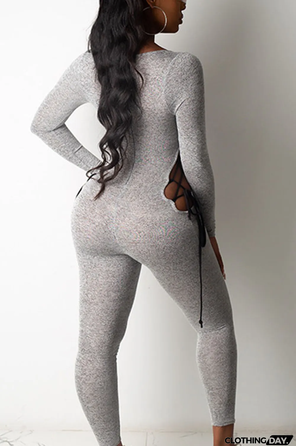 Grey Sexy Polyester Milk Fiber Solid Hollowed Out Frenulum U Neck Skinny Jumpsuits