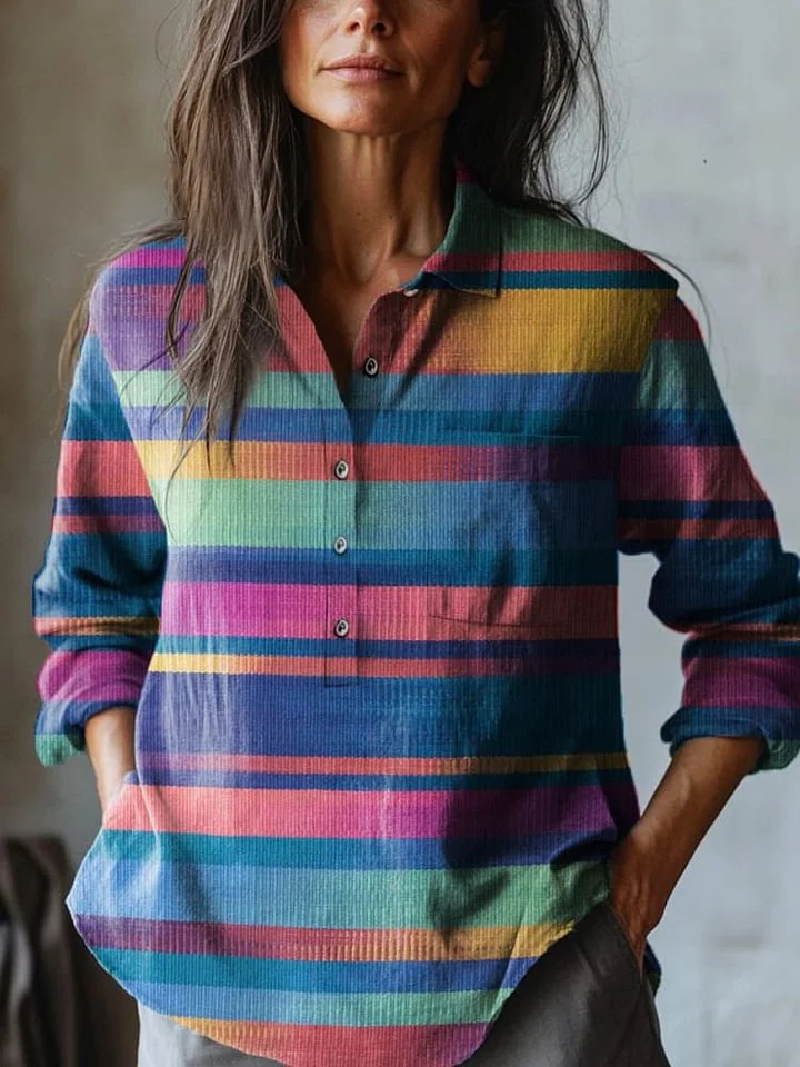 Modern Geometric Strip Pattern Printed Women's Casual Cotton And Linen Shirt