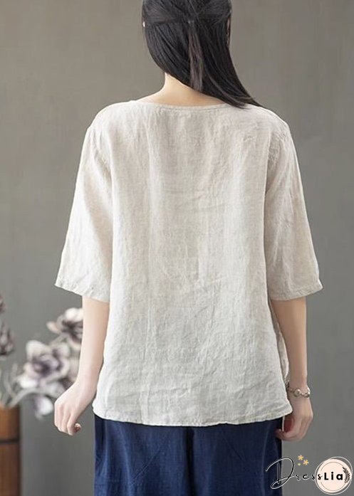 Loose Linen O Neck Print Linen T Shirt Half Sleeve
