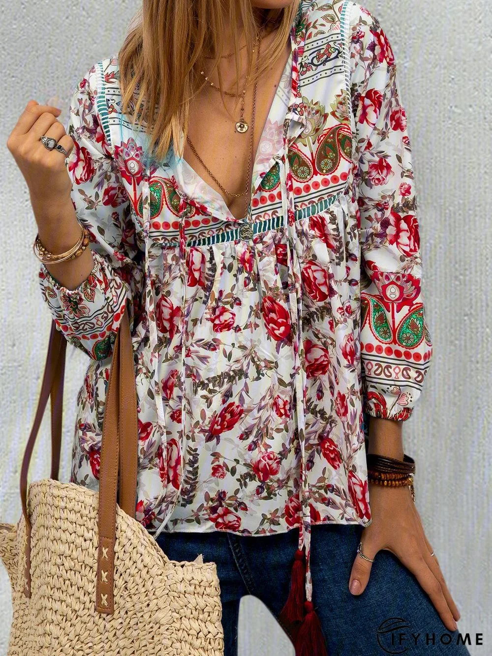 Ethnic Bohemian Floral Print Long Sleeve V-Neck Women Blouse Top | IFYHOME