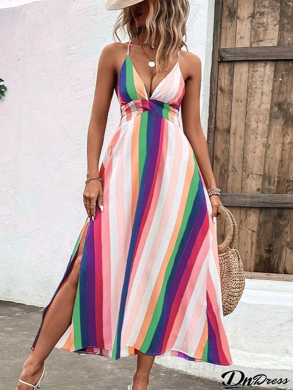 Loose Sleeveless Contrast Color Striped Spaghetti-Neck Midi Dresses