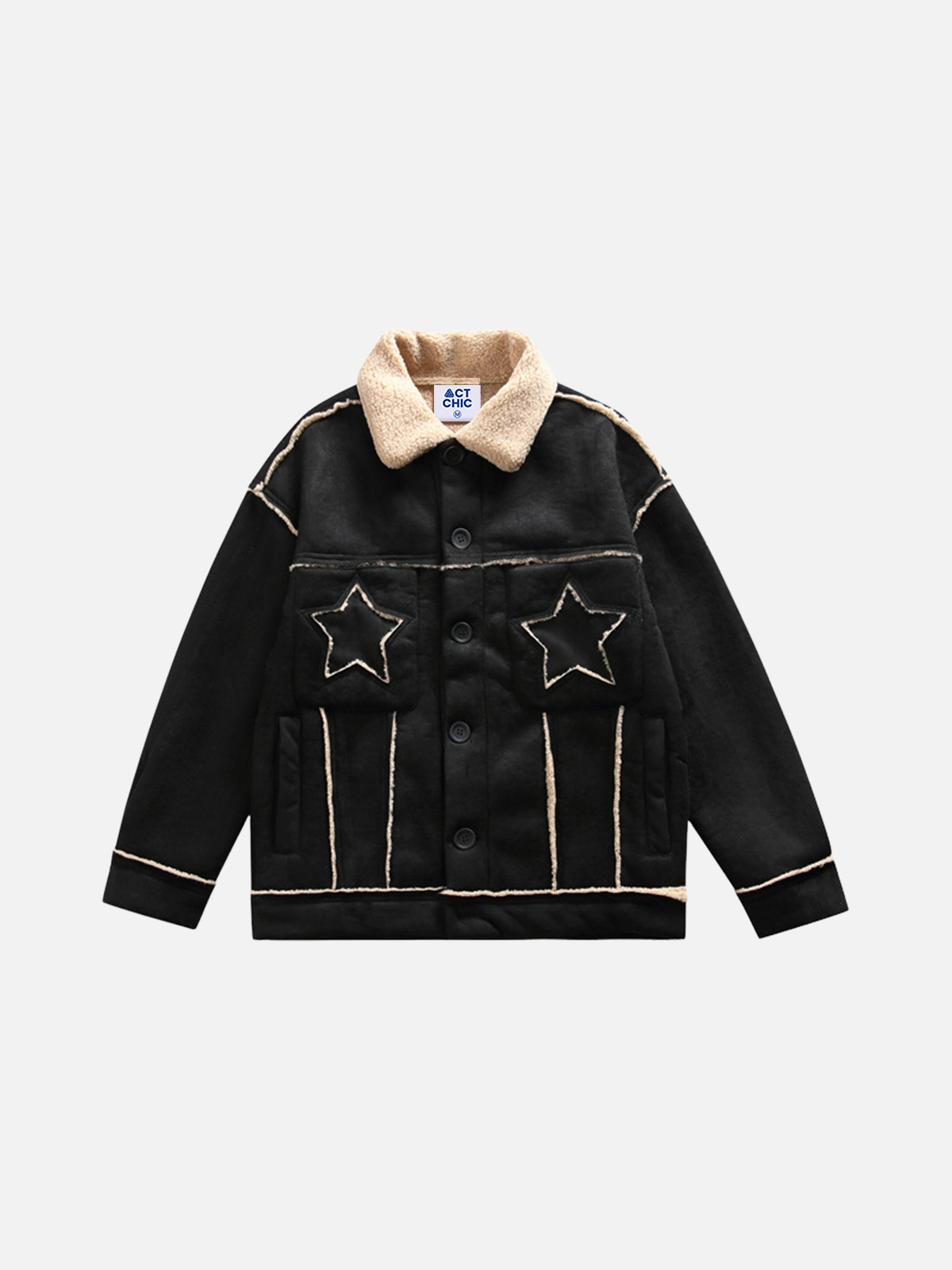 Black Act Chic Fur Edge Star Patchwork Coat Front