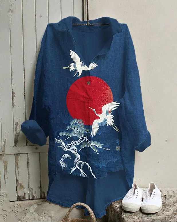 Pine Tree Flying Crane Moon Cotton And Linen Tunic Shirt