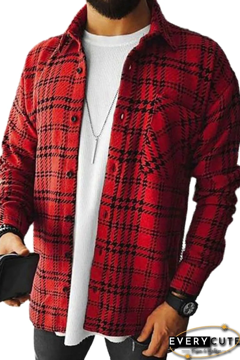 Red Men's Checked Textured Lapel Long Sleeve Shirt Jacket