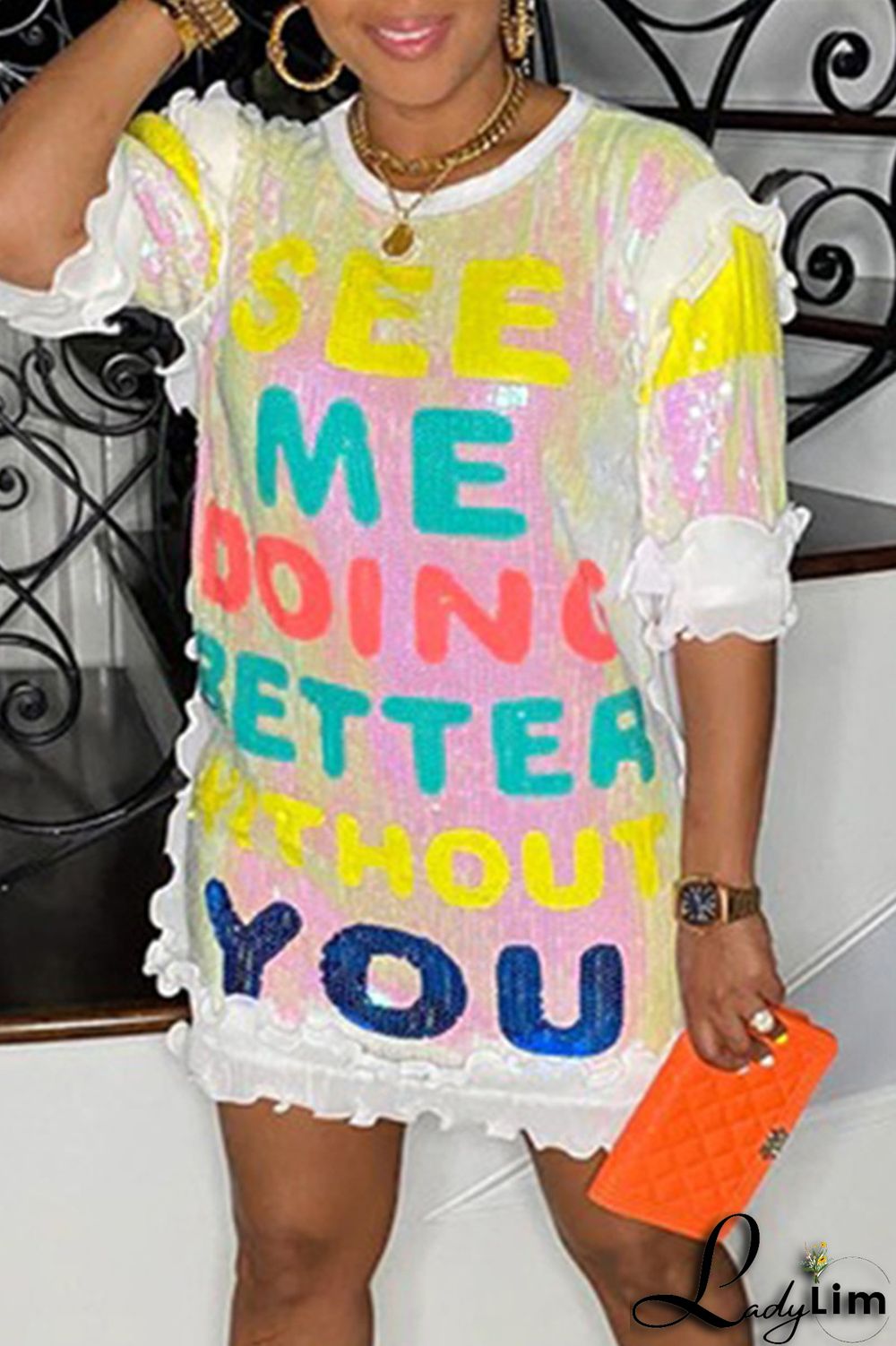 Black Fashion Casual Letter Print Sequins Patchwork O Neck Dresses