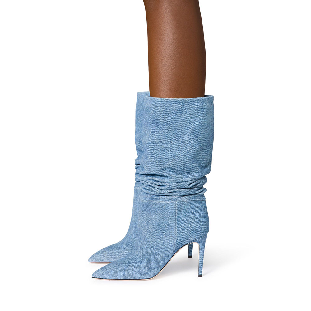 Blue Denim Pointed Toe Stiletto Heel Mid Calf Boots Nicepairs