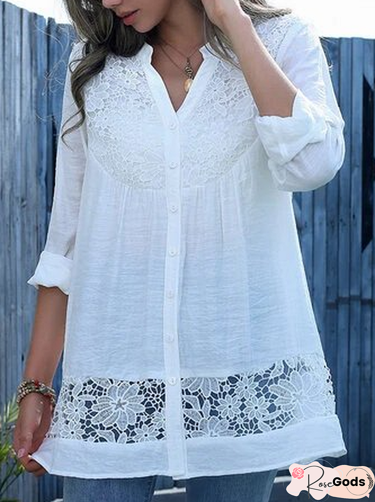 Lace Stitch Long Sleeve V-Neck Button Blouse For Women