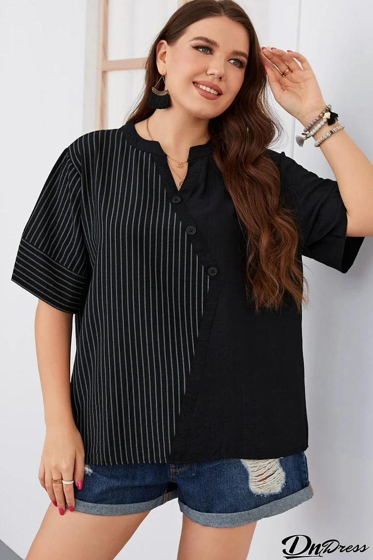 Plus Size Striped Notched Neck Half Sleeve Top