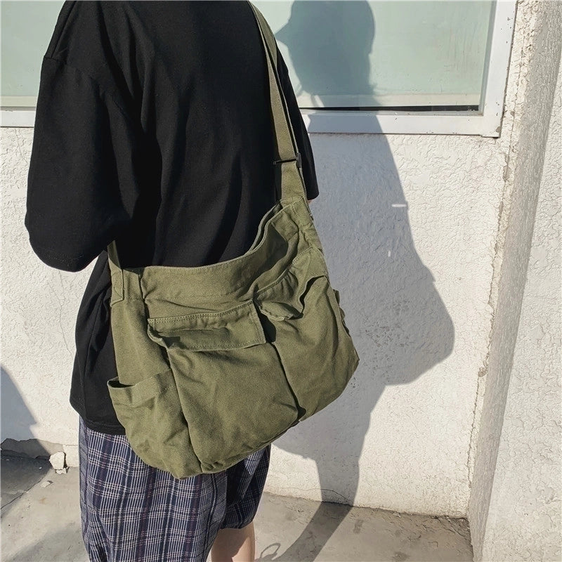 Unisex Canvas Solid Color Streetwear Square Zipper Shoulder Bag