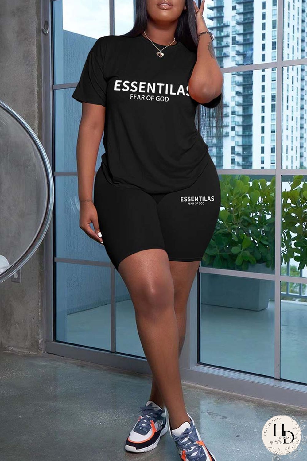 Black Casual Letter Print Solid Basic O Neck Short Sleeve Two Pieces