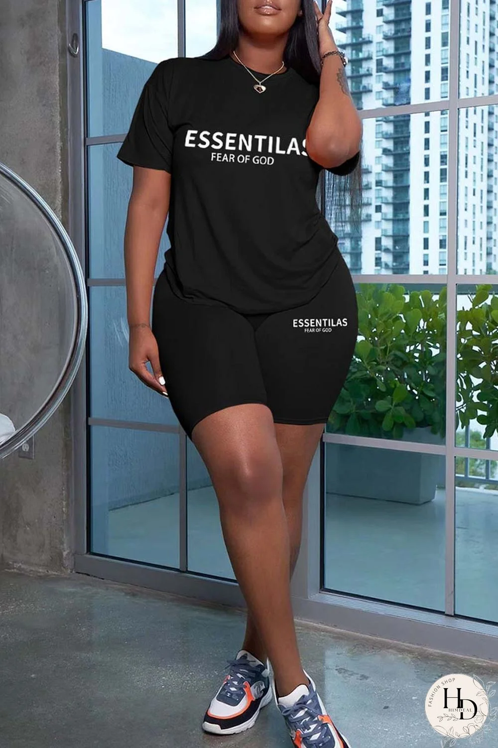 Black Casual Letter Print Solid Basic O Neck Short Sleeve Two Pieces