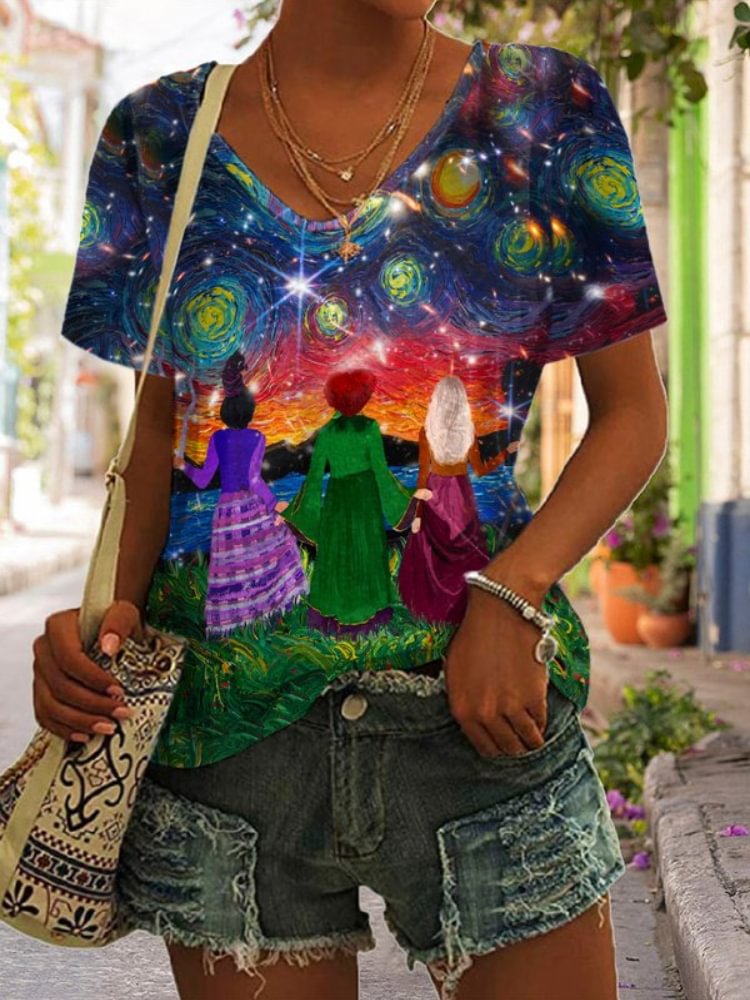 Halloween Sisters Under the Stars Print T Shirt