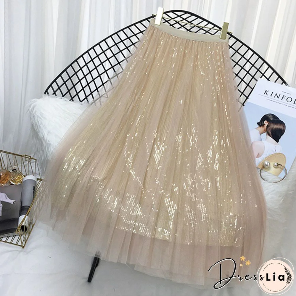 Spring Summer Skirts Women Korea Long Tulle Skirt Sequined Pleated A Line Midi Skirt Chic High Waist Skirt Female