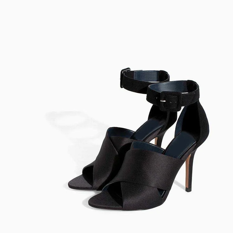 Black Satin Crisscross Strap and Vegan Suede Women's Ankle Strap Heels |FSJ Shoes