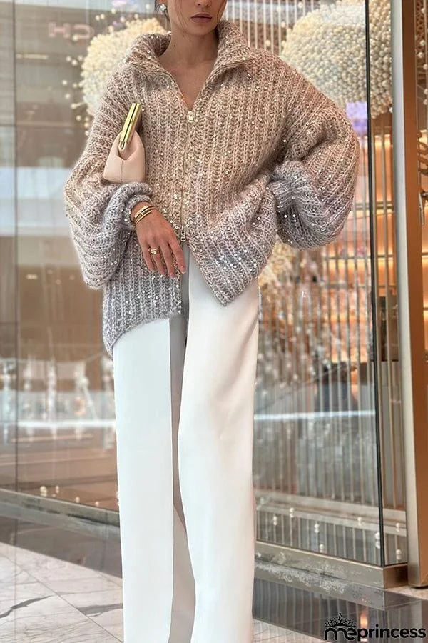 Warm Shining Heart Knit Sequin Balloon Sleeve Zipper Neck Loose Cardigan