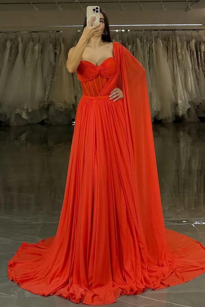 Daisda Red Sleeveless Strapless One-Shoulder Sweetheart A-Line Prom Dress 