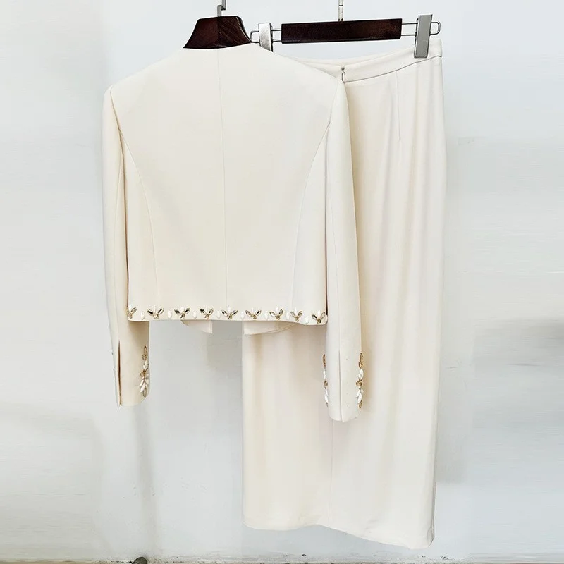 Nigikala Nigikala New Star Fashion Heavy Industry Nail Beads Jacket Open Fork Half Skirt Set Two Sets