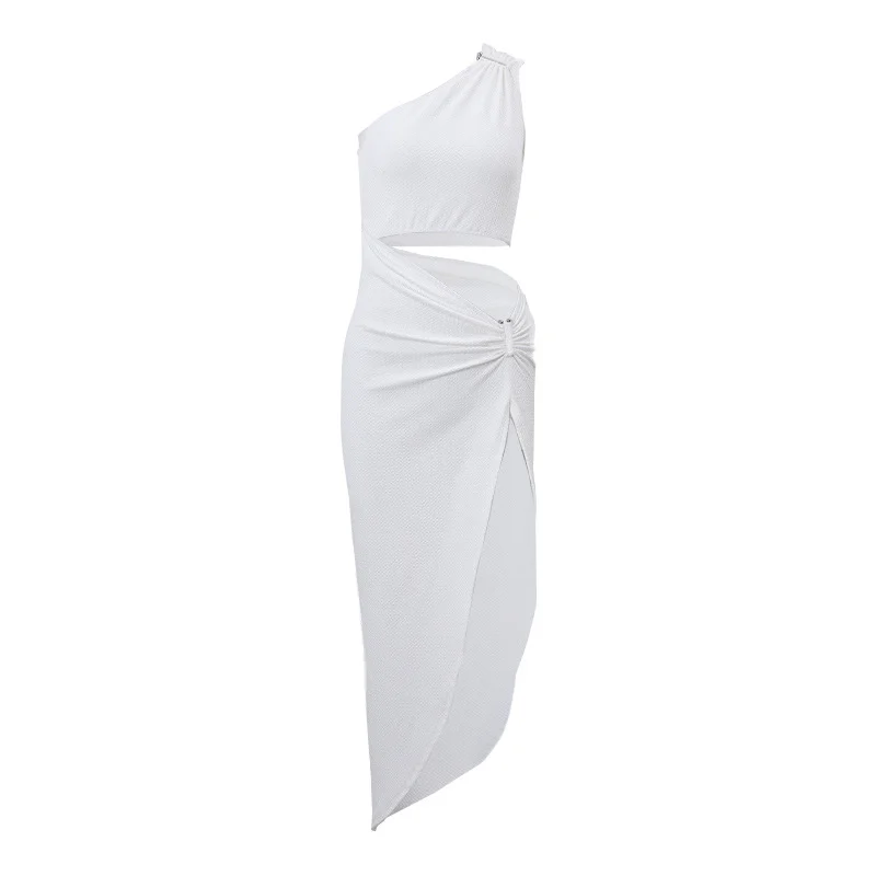 Brownm Brownm Ins Spring Burst Sexy Hot Girl Oblique Shoulder Fake Two Slim Hollow High Waist Slit Dress