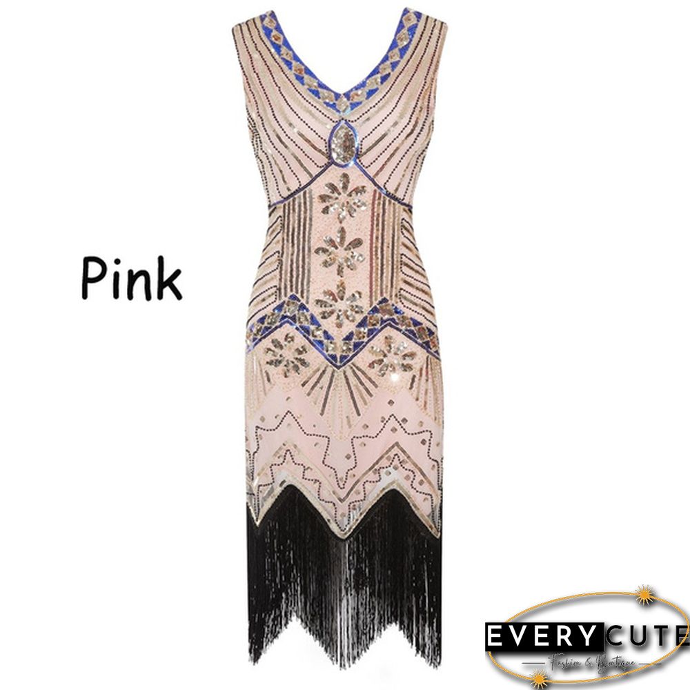 Vintage Dress Great Gatsby Dress 1920S Sequin Flapper Evening Dress Prom Tassel Hem Dress