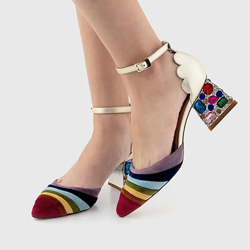 Multicolor Patchwork Ankle Strap Rhinestone Block Heel Pumps Shoes