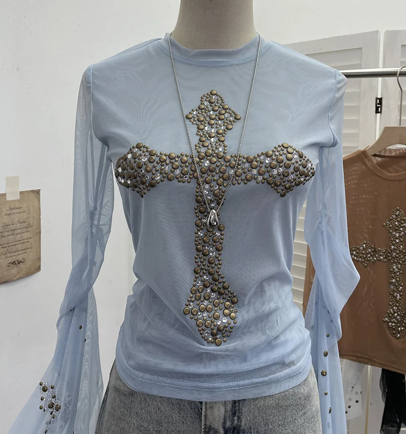 Nigikala Nigikala Shooting Heavy Industry Design Sense Cross Rivet Water Drill Waste Soil Horn Sleeve Double Mesh Yarn Trinket 2706