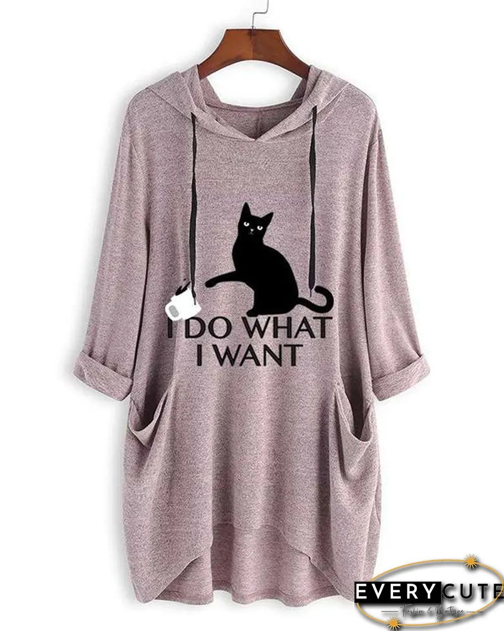 I DO WHAT I WANT Cute Cat Print Irregualr 3/4 Sleeve Plus Size Hoodie