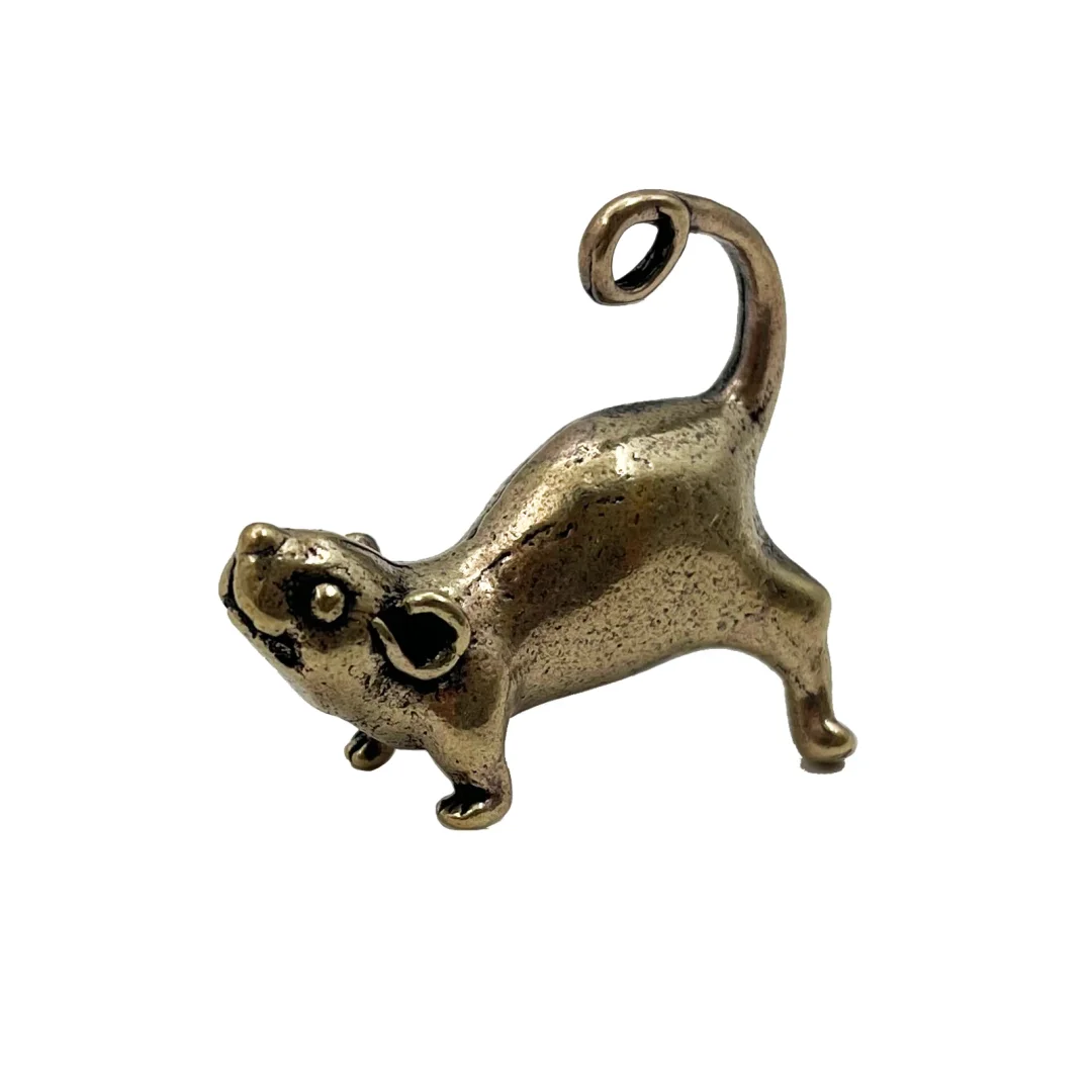 Oocharger Brass Small Tea Pet Ornament Long Tail Cute Mouse Figurines Miniatures Copper Lucky Rat Study Living Room Decorations