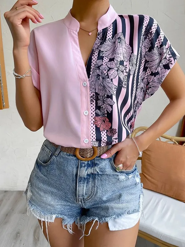 Striped Flower Print Contrast Color Buttoned Short Sleeves Loose V-Neck Blouses&Shirts Tops PINK-L