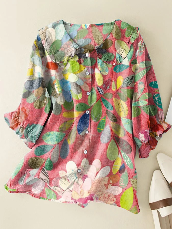 Vintage Floral Art Cotton and Linen Peter Pan Ruffle Collar Shirt