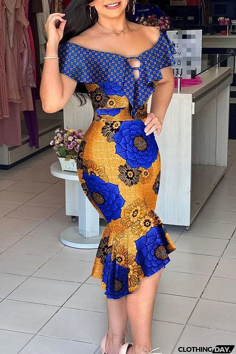 Sexy Print Patchwork Flounce Off the Shoulder Irregular Dress Dresses