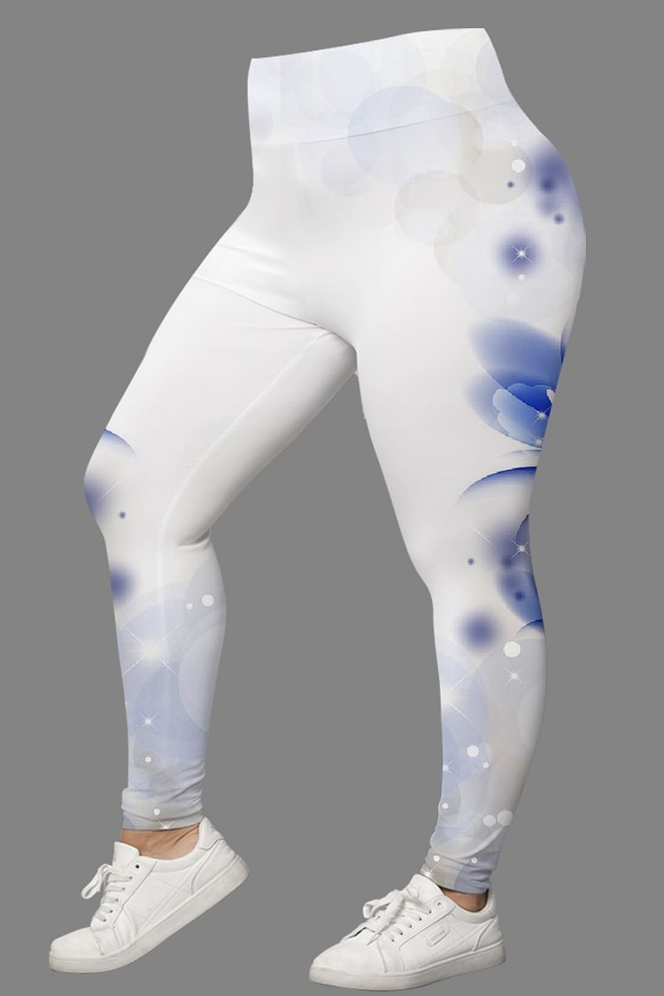 Flycurvy Plus Size Casual White Floral Print Legging  flycurvy [product_label]