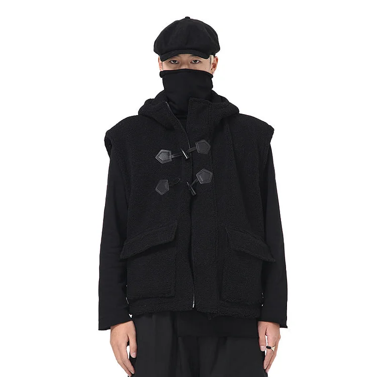 Original Design With Zippered Loose And Casual Lamb Wool Hooded Waistcoat  Jackets-dark style-men's clothing-halloween