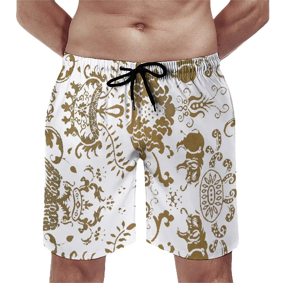 Antique Oriental Chinese Elephants Men's Swim Trunks Summer Board Shorts Quick Dry Beach Short with Pockets