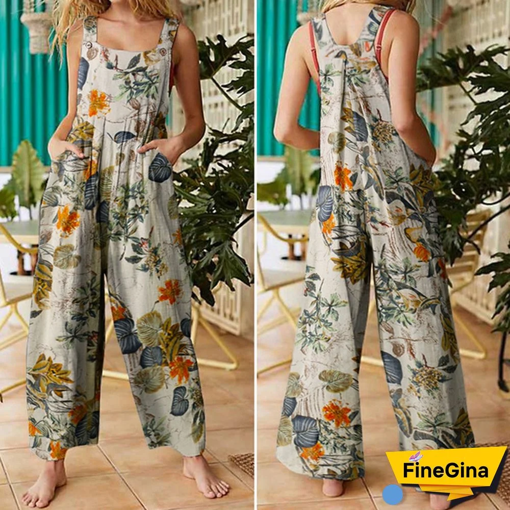 Women Sleeveless Floral Print Cotton Jumpsuits Vintage Bib Pants Long Trousers Plus Size Summer Palazzo Overalls Dungarees