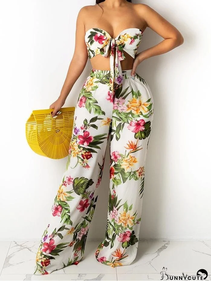 Printed Lace-Up Tube Top & Trousers Two-Piece Suit