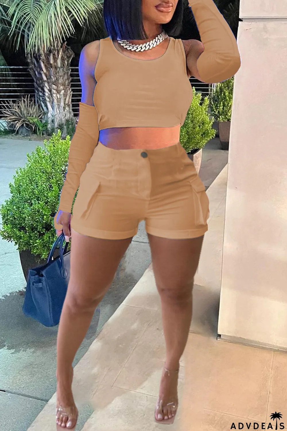 Khaki Casual Solid Basic O Neck Four Piece Set (With Sleeves)