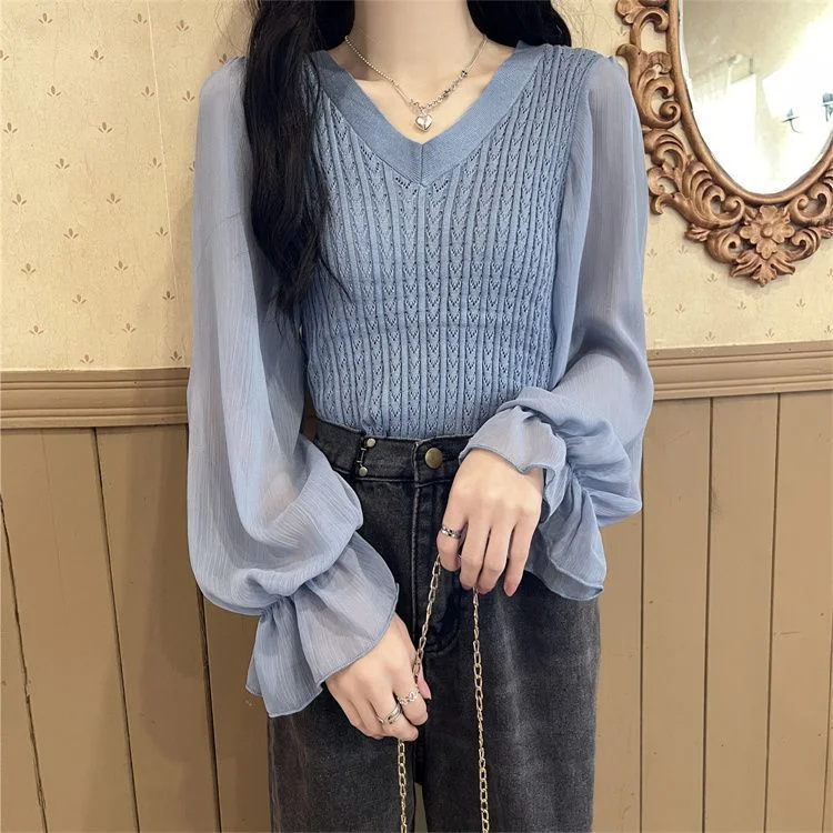 Uveng Uveng Temperament Spliced Chiffon Sleeve Long-Sleeved Top Women's Spring And Autumn New Design Sense Slimming Knitwear