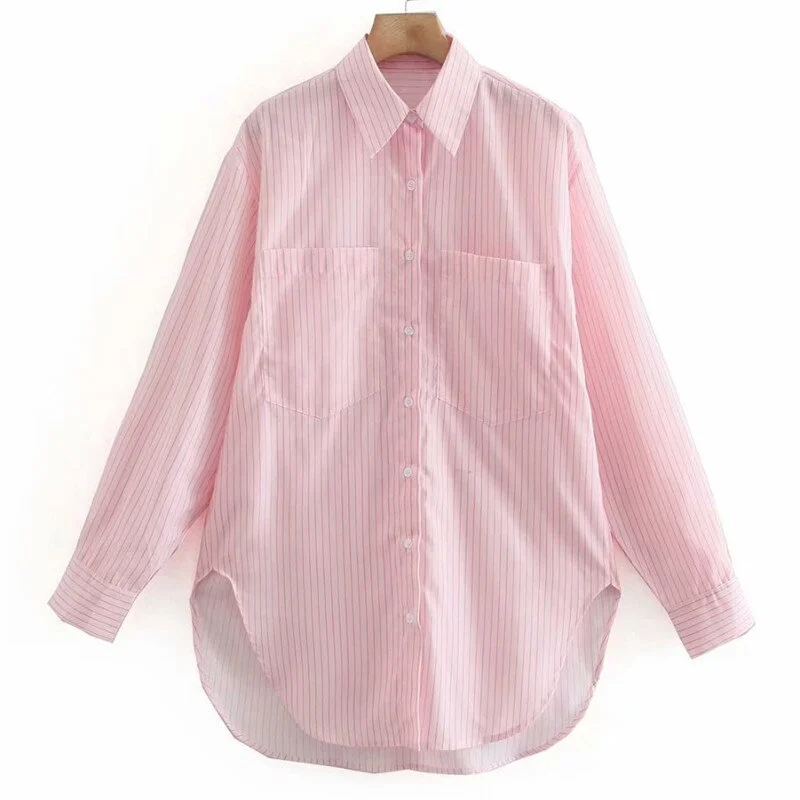 Snican Pink Striped Shirts With Pockets Spring Casual Office Ladies Blouse Za Women Tops Chemisier Femme Chic Tops 2021 Outwear