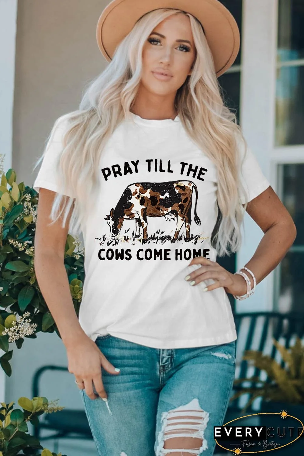 White Pray Till The Cows Come Home Graphic T Shirt