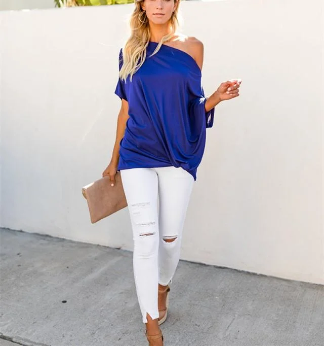 Sexy Pure Color Slanted Shoulder Baggy Blouse T-Shirt