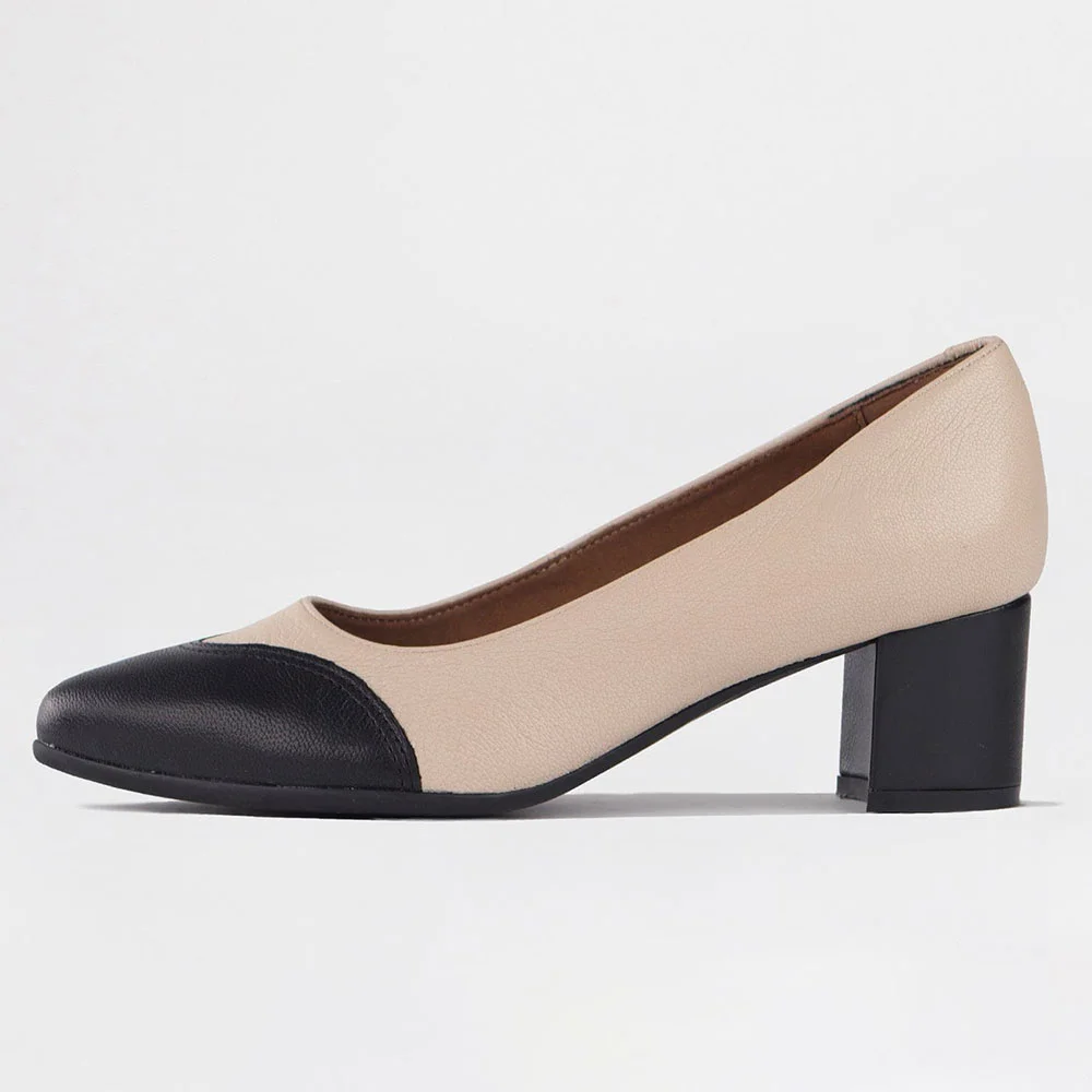 Black & Beige Vegan Leather Pointed Toe Business Block Heel Pumps