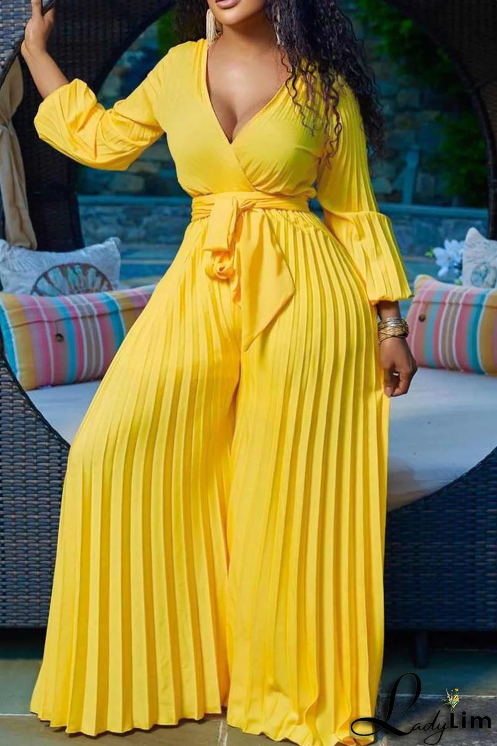 Yellow Casual Solid Patchwork Fold V Neck Straight Jumpsuits