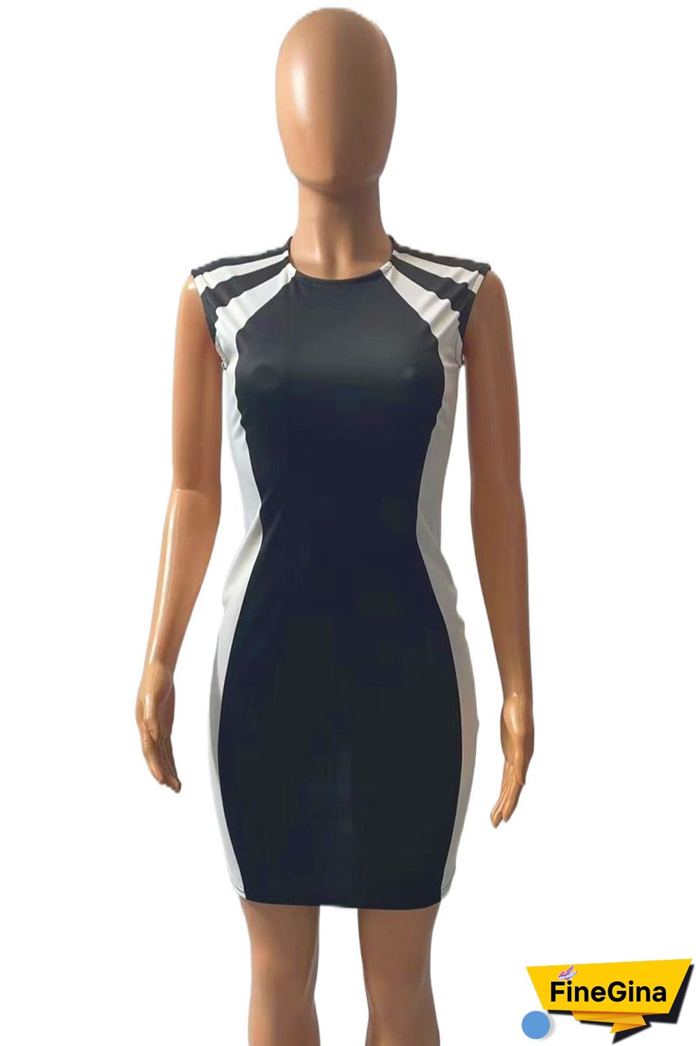 Black khaki Elegant Color Lump Slit Contrast O Neck One Step Skirt Dresses