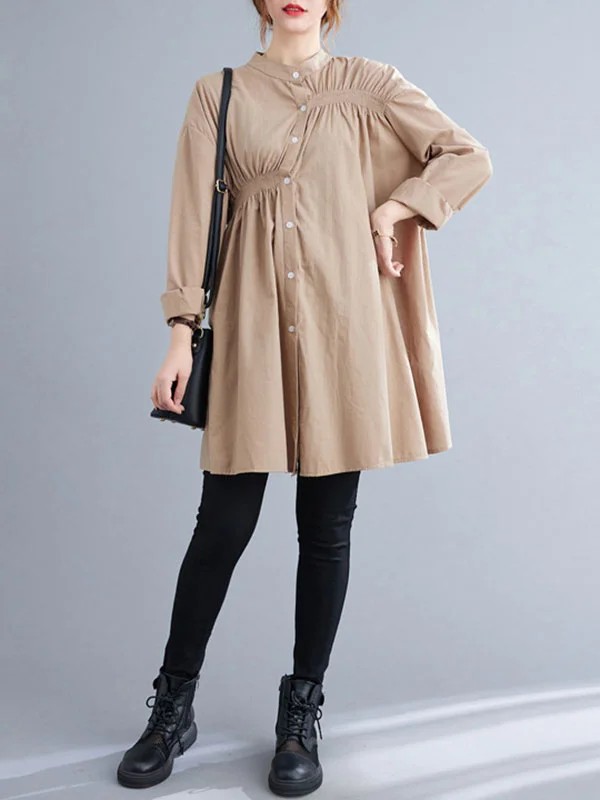 Pleated Elasticity Buttoned Asymmetric Loose Long Sleeves Mini Dresses