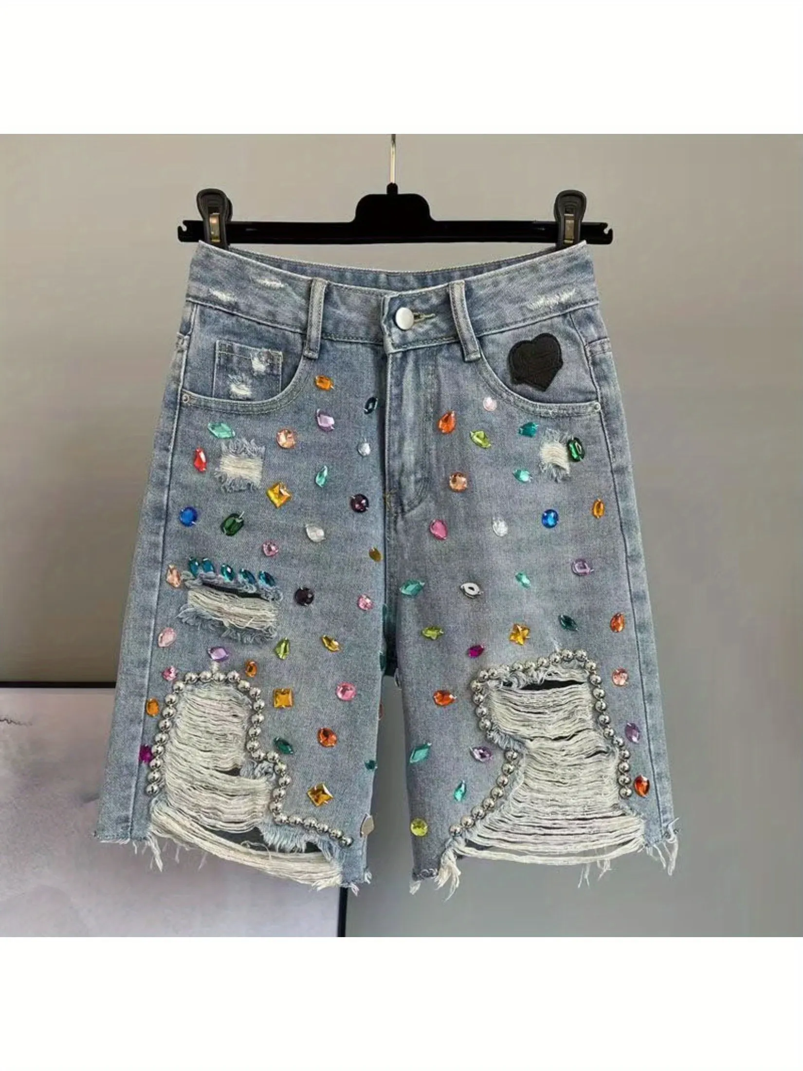 Stylish Distressed Denim Shorts with Colorful Rhinestones Silvery Rivets Black Heart Patch